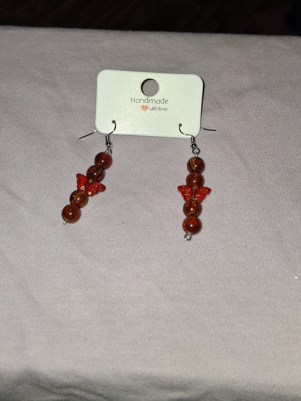 Handmade Red Beaded Butterfly Drop Earrings